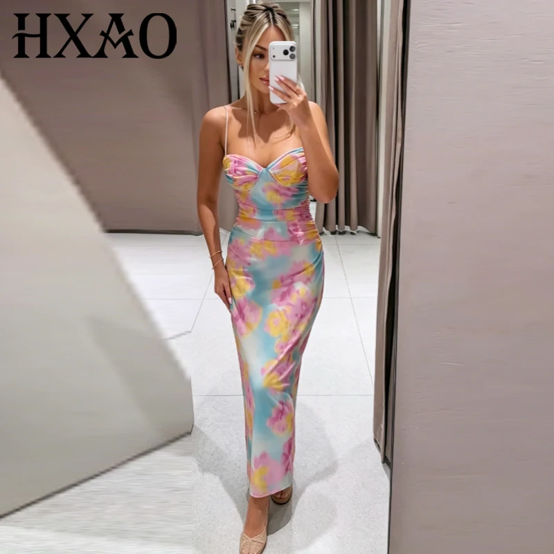HXAO Mesh-Print-Slip-Kleider für Damen, Sommerkleid, sexy Midi-Kleid mit Rüschen, ärmellos, rückenfrei, Blumenkleider für Damen, Urlaubskleid