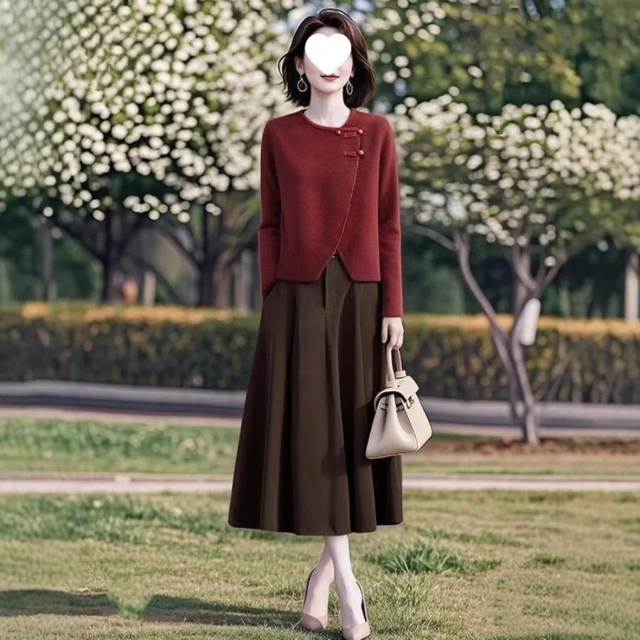 

【HOT】Big goods design irregular new Chinese-style buckle top women's spring and autumn new style temperament skirt set