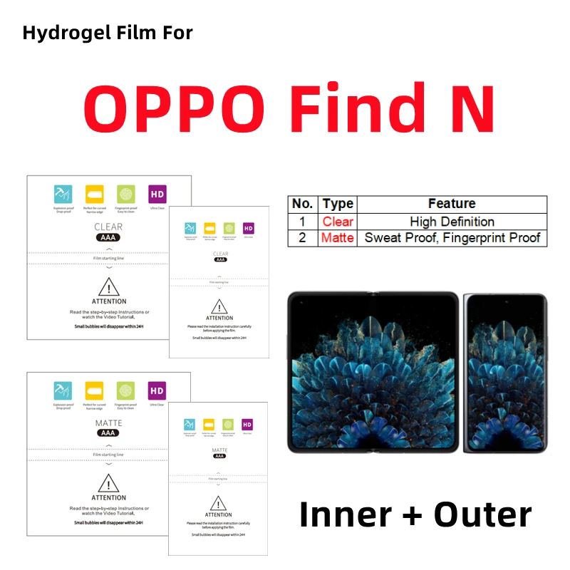 

Внутренняя и внешняя матовая гидрогелевая пленка для OPPO Find N, прозрачная защитная пленка для складного телефона OPPO Find N, HD-защитная пленка для экрана