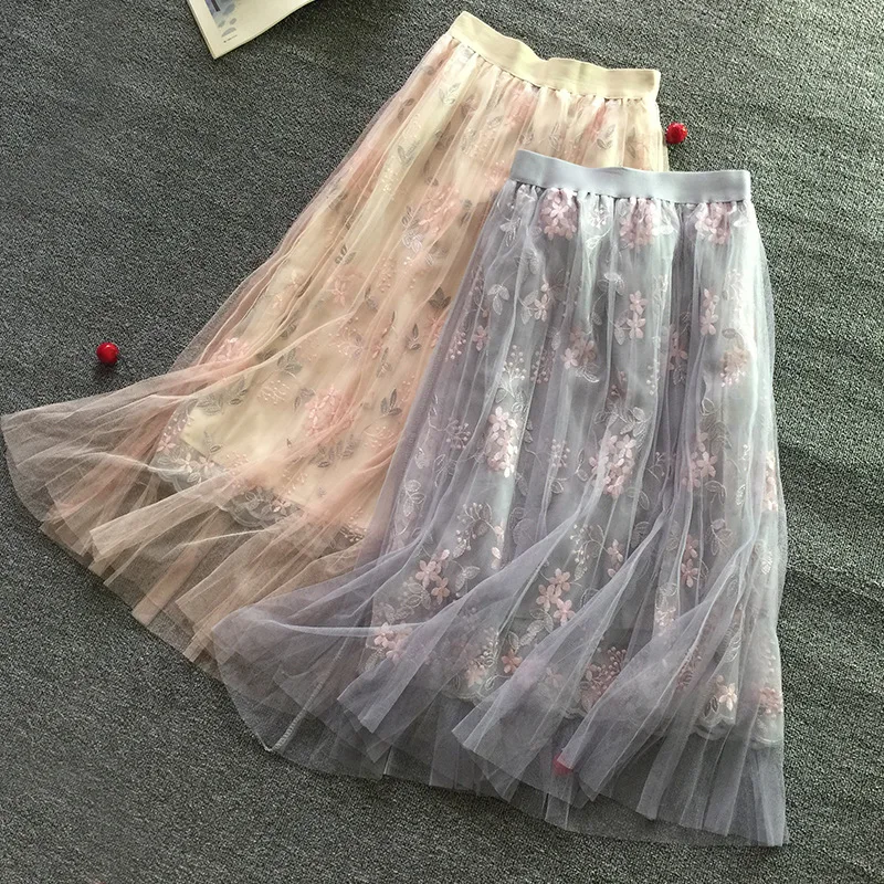 Heavy Work Embroidery High Waist A-shaped Skirt Mesh Skirt Spring and Autumn New Embroidery Skirt Long Sweet Fairy Style