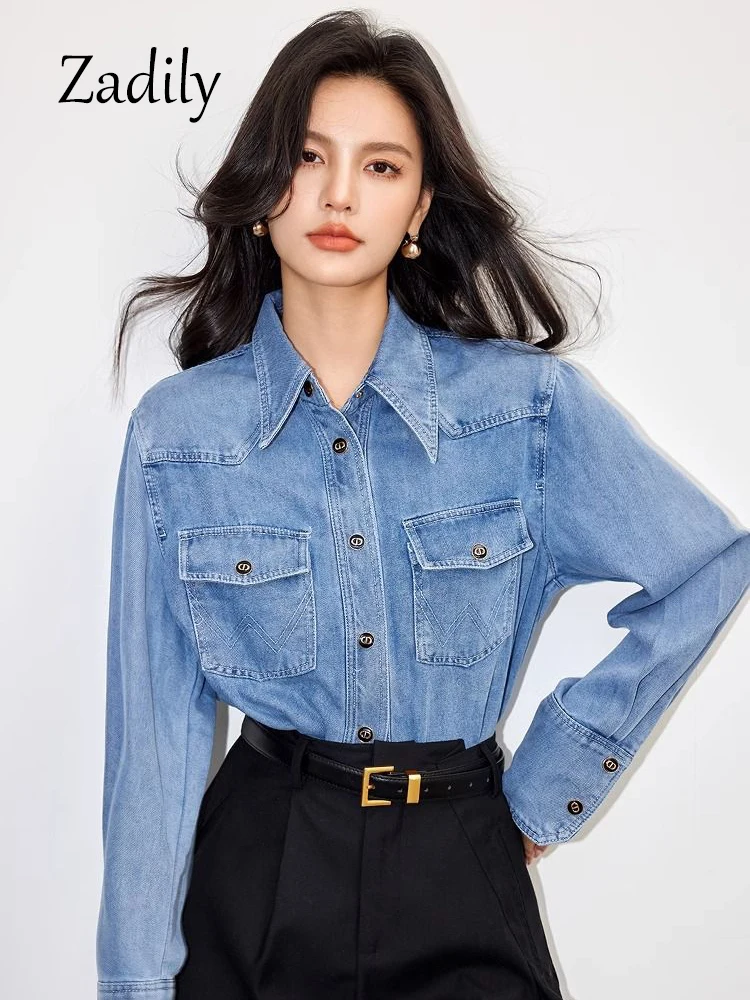 Minimalist Long Sleeve Women Denim Shirt Spring Vintage Button Up Loose Tunic Pocket Autumn Casual Turn Down Collar Clothing Top