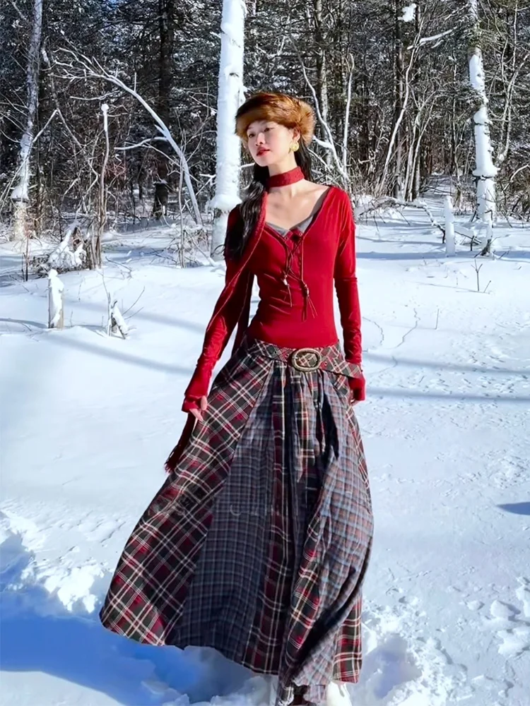 

Красная клетчатая юбка Cisas из смесовой шерсти с длинными рукавами, женская, осенне-зимняя, А-силуэт, макси, с высокой талией, винтажная