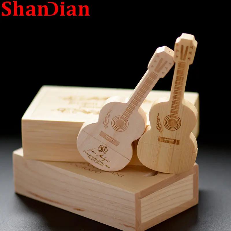 SHANDIAN Wooden BOX Guitar 64GB USB Flash Drive Wedding Gifts 32GB Pendrive Free Custom LOGO Memory Stick Maple 2.0 16GB U Disk