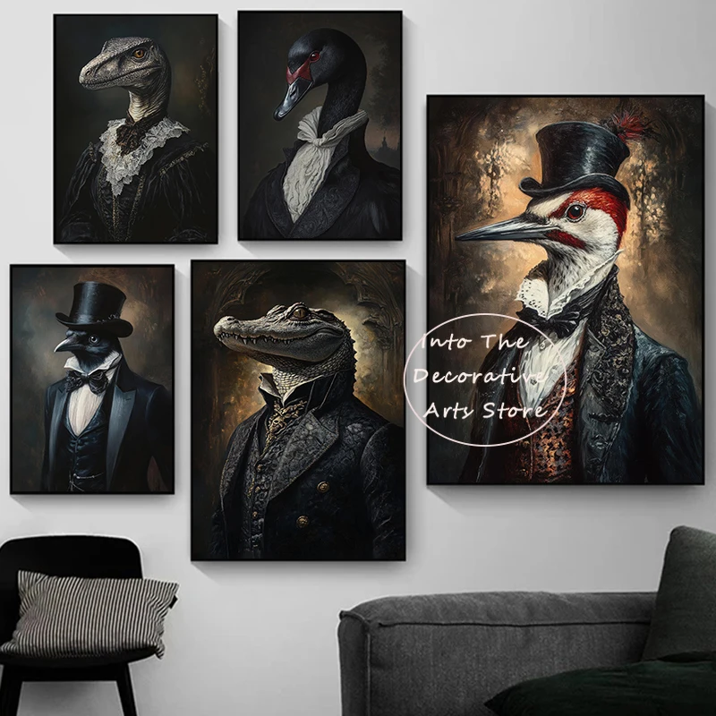 Retro Gentleman Dog Fox Crocodile Portrait Renaissance Animals Human Body Poster Canvas Painting Wall Art Pictures Home Decor