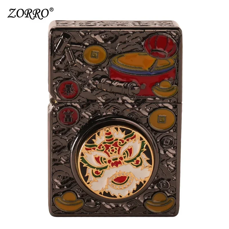 ZORRO Embossed Kerosene Lighter, Windproof Retro Pure Copper Armor Machine, Auspicious Holiday Gift for Boyfriend