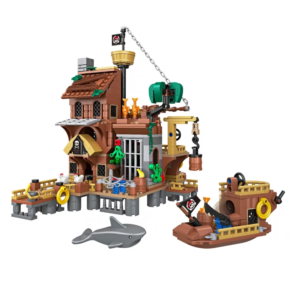 756 pièces de blocs de construction MOC, navire pirate, ville, amis, quai en bord de mer, petit bateau, figurines, briques, modèle, jouet éducatif créatif, cadeau