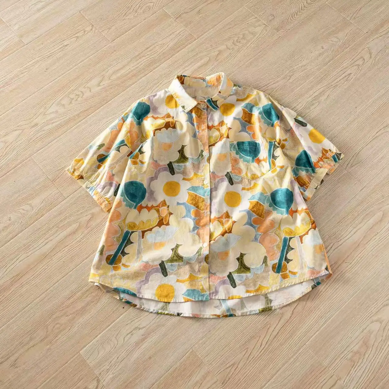 Pure Cotton Women\'s Floral Print Short Sleeve Shirts and Blouses Harajuku Fashion Oil Painting Style Blouse Summer Beach Tops