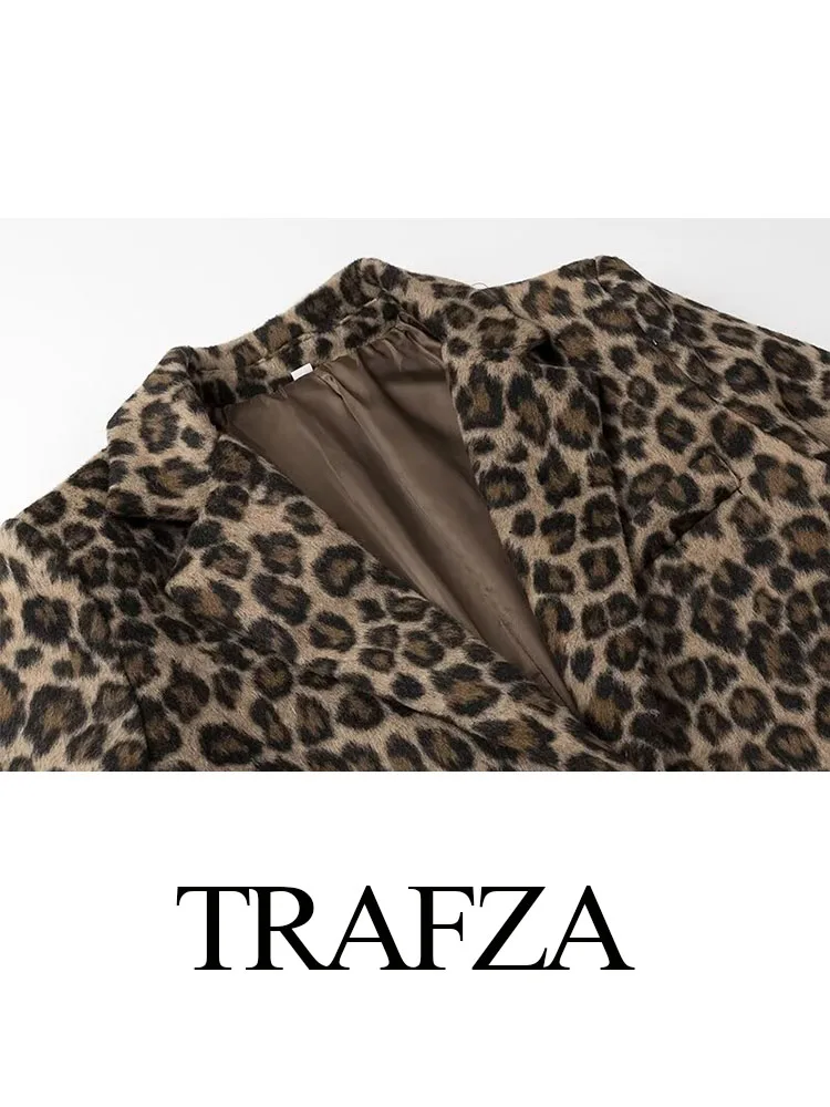 TRAFZA Women Vintage Leopard Blazer Single Buckle Lapel Pocket Decorate Long Sleeves Coat Female Fashion Chic Jackets Streetwear