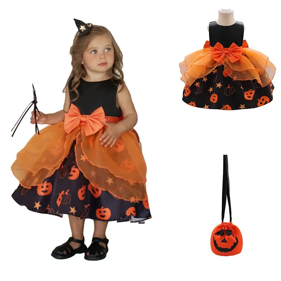 

New Children's Halloween Little Witch Performance Dress Girl cosplay Sleeveless Gown Girls Pumpkin Makeup Ball Performance Dress