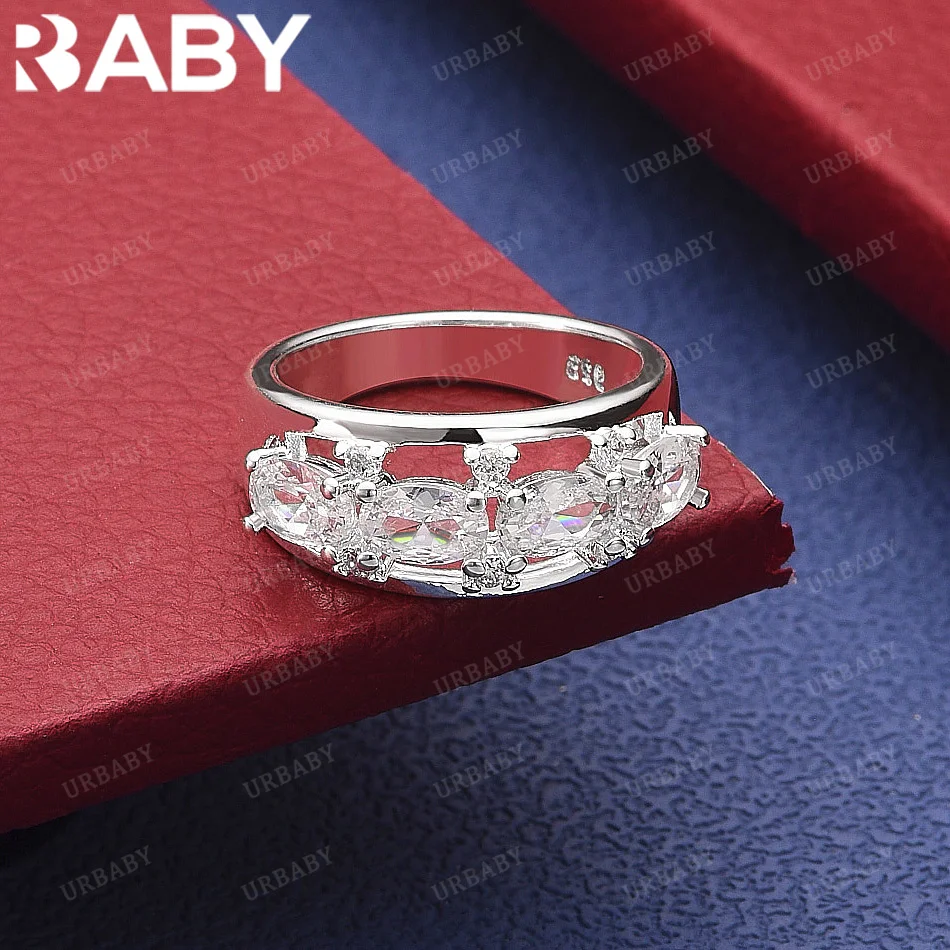 

URBABY 925 Sterling Silver White Oval Zirconia Ring Fashion Jewelry Vintage Grace Charm Noble Party Birthday Gifts
