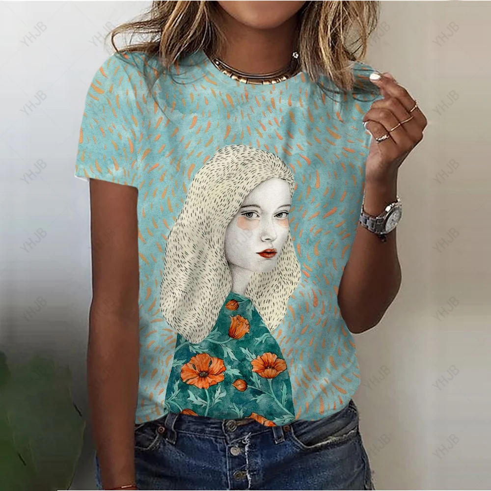 Summer 2023 New Women Short Sleeve Women\'s Art Painting T Shirt Casual Streetwear Loose Pullovers Tops Size Female Clothing