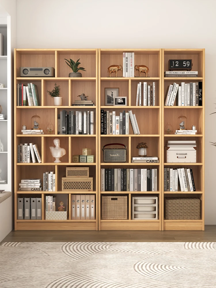 Solid wood bookshelves, integrated wall storage cabinets, floor-to-ceiling living room shelves