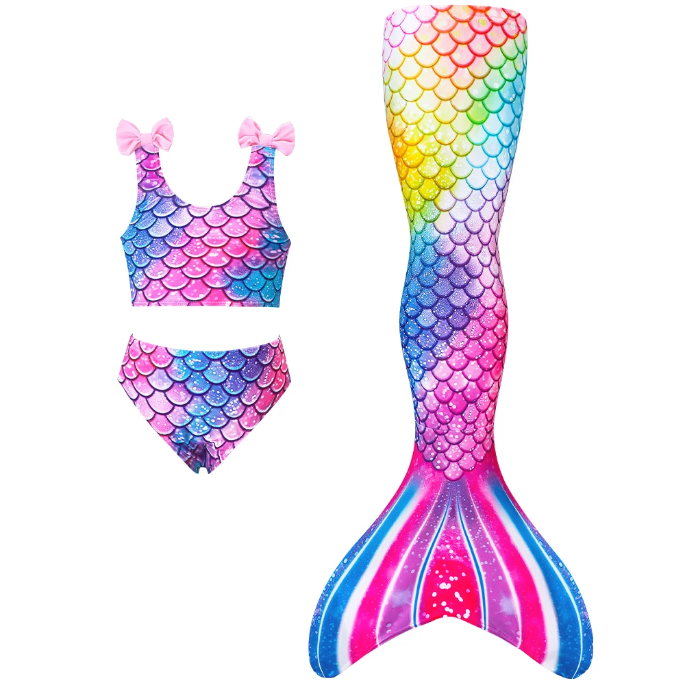 Mädchen Meerjungfrauenflossen-Bikini 3-teiliges Set, Badeanzug mit Fischschuppen-Print, Prinzessinnen-Mode-Performance-Bademode, Schwimmkostüm für Kinder – Detail 2