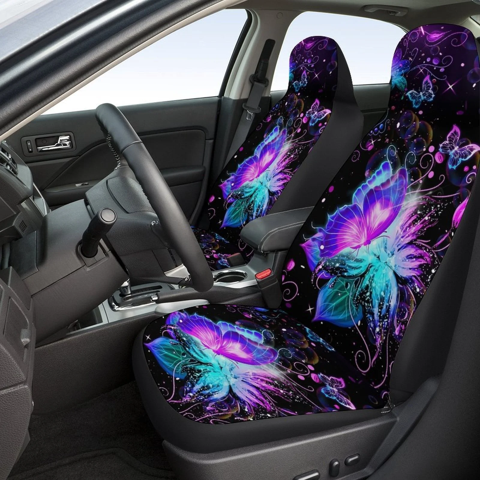 

2pcs Butterfly Pattern Car Seat Covers Fit Front Seats, Vibrant Purple & Blue Digital Print Non-Slip Breathable Fabric, Machine