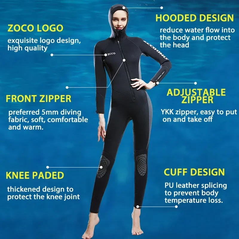 Muta da donna muta da sub in Neoprene da 5mm mute con cappuccio monopezzo cerniera frontale muta da surf da donna costume da bagno freddo invernale