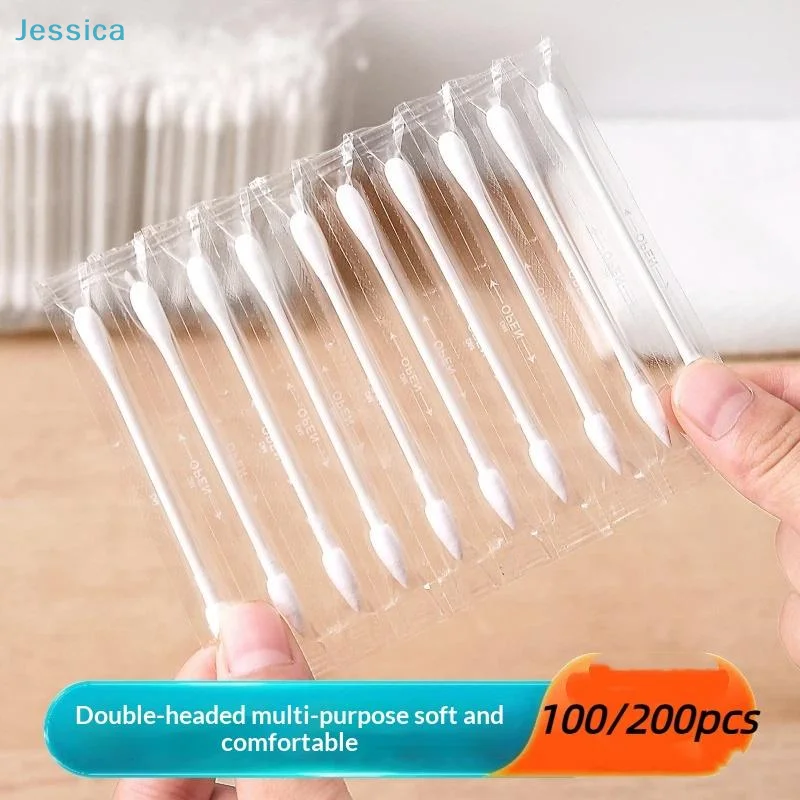 〔S〕100/200Pcs Individually Packaged Disposable Cotton Swabs For Makeup Cleaning Ear Tips Travel Use