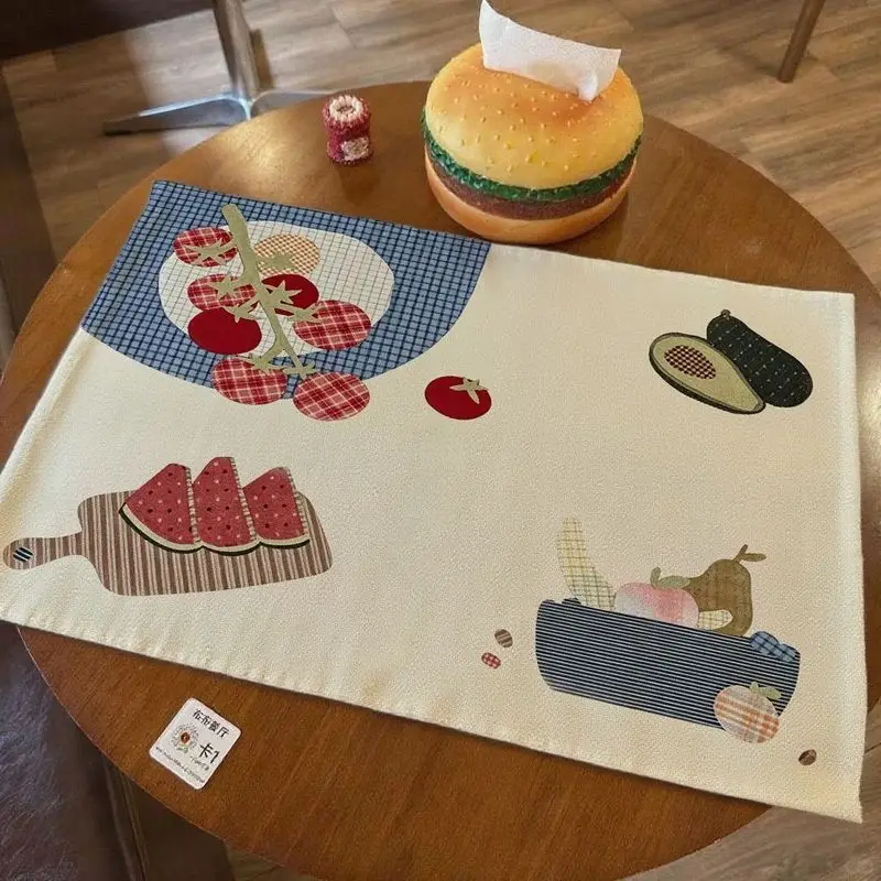 VIKAMA Hand Drawn Tomato Watermelon Avocado Fruit Linen Placemat Table Mat Dining Decor Kitchen Pad Home Accent Food Soft Cozy