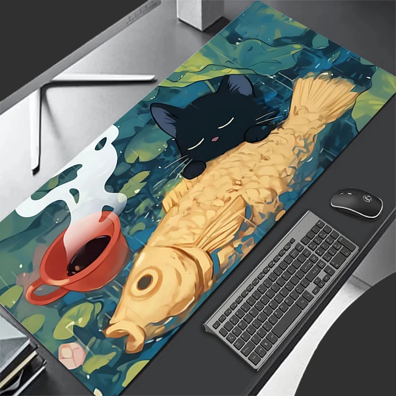 Mouse pad preto gato design antiderrapante tapete de mesa jogos acessórios portáteis bordas costuradas para casa e jogo para gamer mousepad