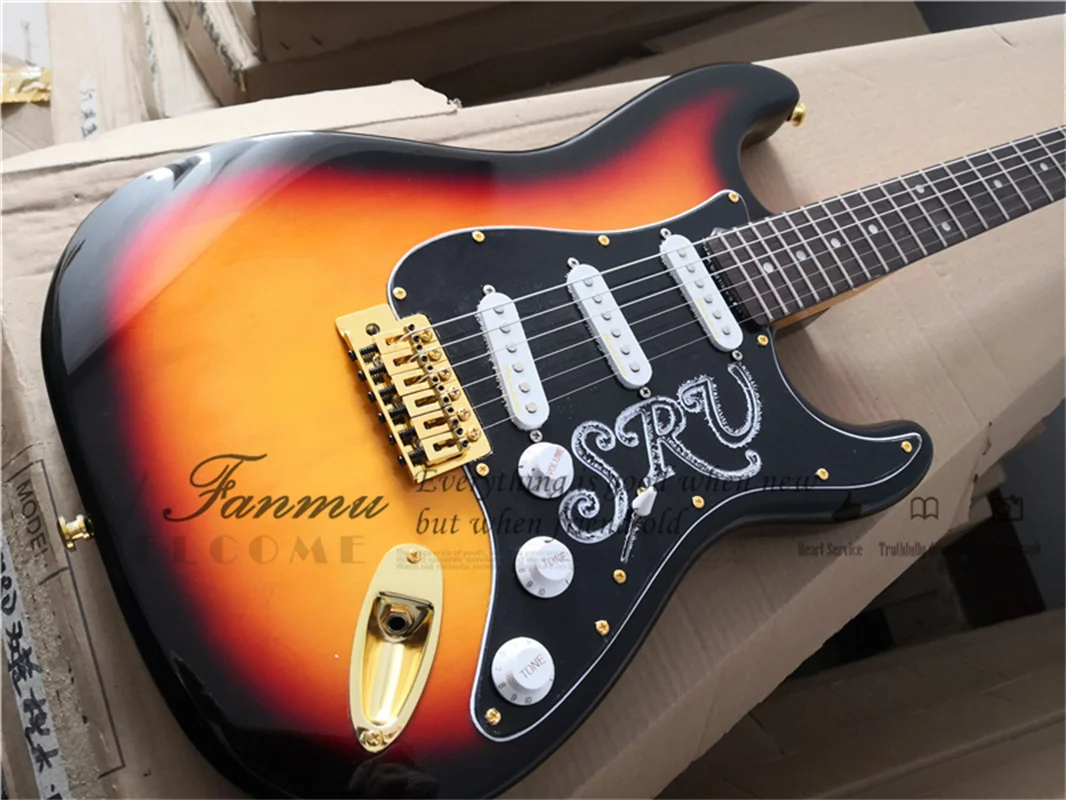 sunburst electric guitar sta body yellow neck rosewood fingerboard white pickups black guard fold tunerscustom guitar