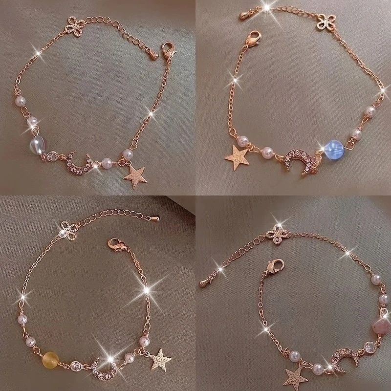 Star and Moon Zircon Necklace - A Unique Design for High-Quality Bracelet. Korean-style Trendy and Popular Fashion Minimalist Bracelet for Girlfriends.