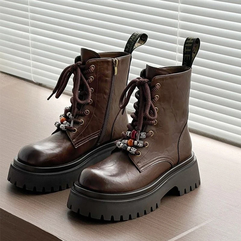 Kralen Flats Platform Vrouwen Enkellaarsjes Lace Up Lederen Schoenen Winter Merk Korte Laarzen Trend Sport Sneaker Chelsea Laarzen Mujer