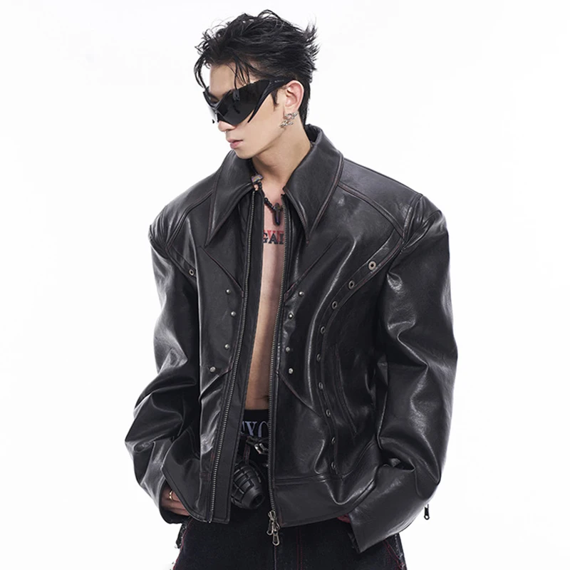 LUZHEN Riveted Shoulder Pads Faux Leather Jacket Autumn Thick Liner Cotton Motorcycle Wear Trendy High Quality Male Tops LZ8065