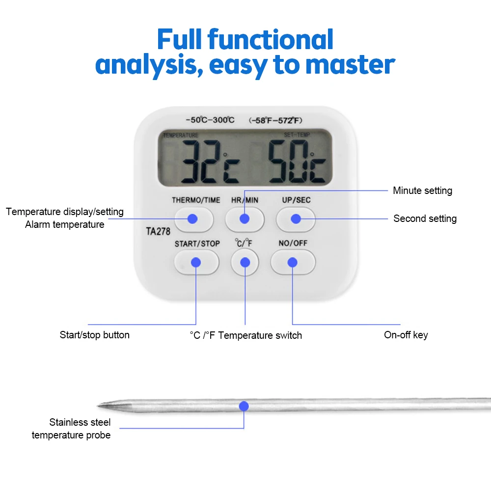 Digital Kitchen Thermometer Stainless Steel Probe Meat BBQ Food Temperature Barbecue Cooking Tools Alarm TA278