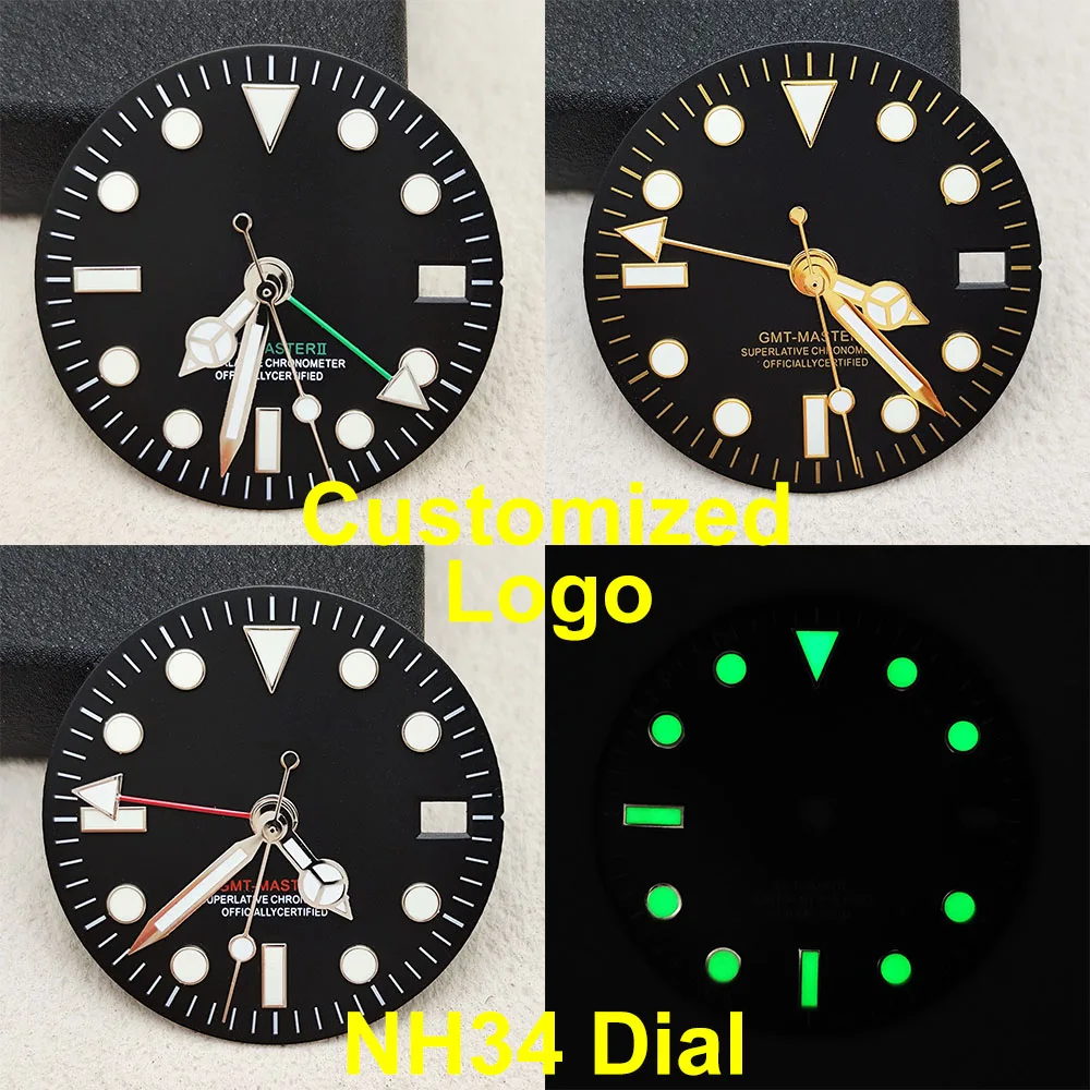

Новый циферблат часов NH34, мужской циферблат 28,5 мм, циферблат с индивидуальным логотипом, зеленый светящийся, подходит для аксессуаров для часов с механизмом серии NH