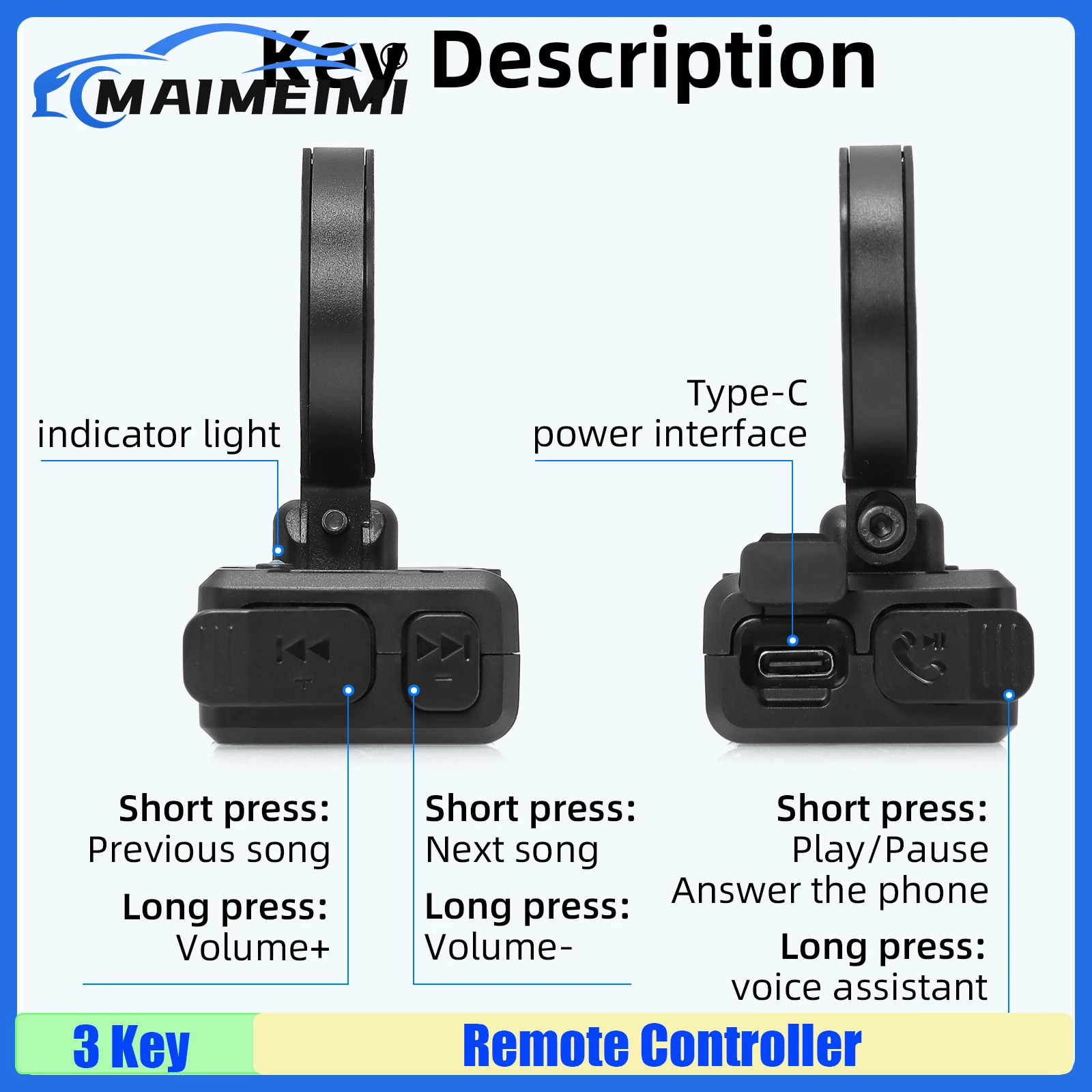 

MAIMEIMI 3-клавишный руль, пульт дистанционного управления, противоскользящий Bluetooth-совместимый медиа-пульт дистанционного управления, рулевое управление, мотоцикл, пульт дистанционного управления