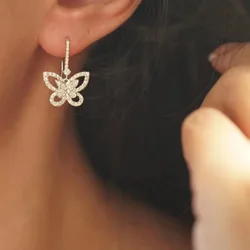 Cute White Zircon Animal Butterfly Short Drop Earrings For Women Silver Color Charm Female Wedding Engagement Ear Jewelry Gifts