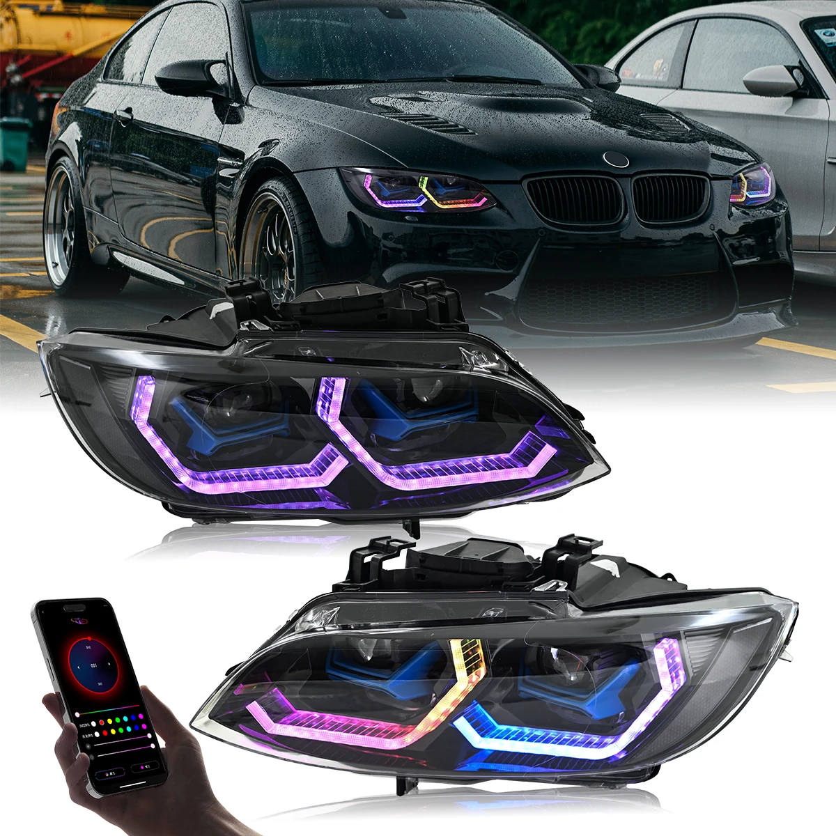 Farbwechselnde Scheinwerfer für 2007-2010 BMW 3er Serie E92 E93 mit Startanimation Sequenzieller Blinker 328i 335i Coupé