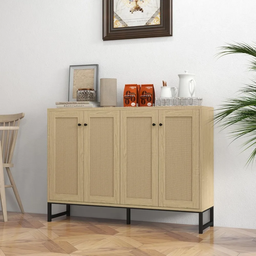 خزانة تخزين جانبية من Panana مزينة بالروطان بأربعة أبواب لغرفة الطعام وطاولة بوفيه للمطبخ قائم بذاته (Na)