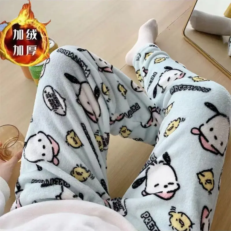 Sanrio Kuromi Pom Purin-ropa de dormir cálida de felpa para mujer, ropa de dormir de franela de lana Coral para otoño e invierno, pantalones informales cálidos y versátiles