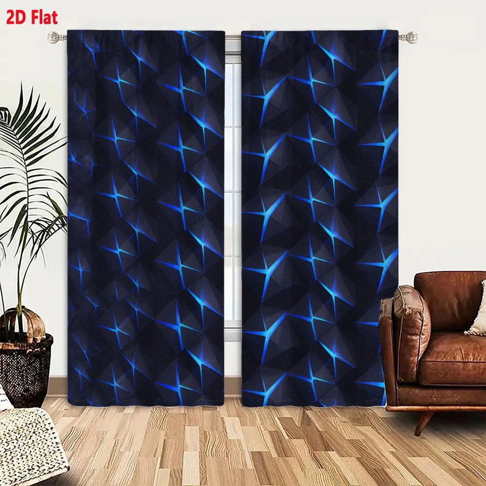 2Pcs Curtains 2D Flat Dark Blue And Black Geometric Pattern With Bright Blue Star Cross Shapes Low Poly Futuristic Abstract Digi