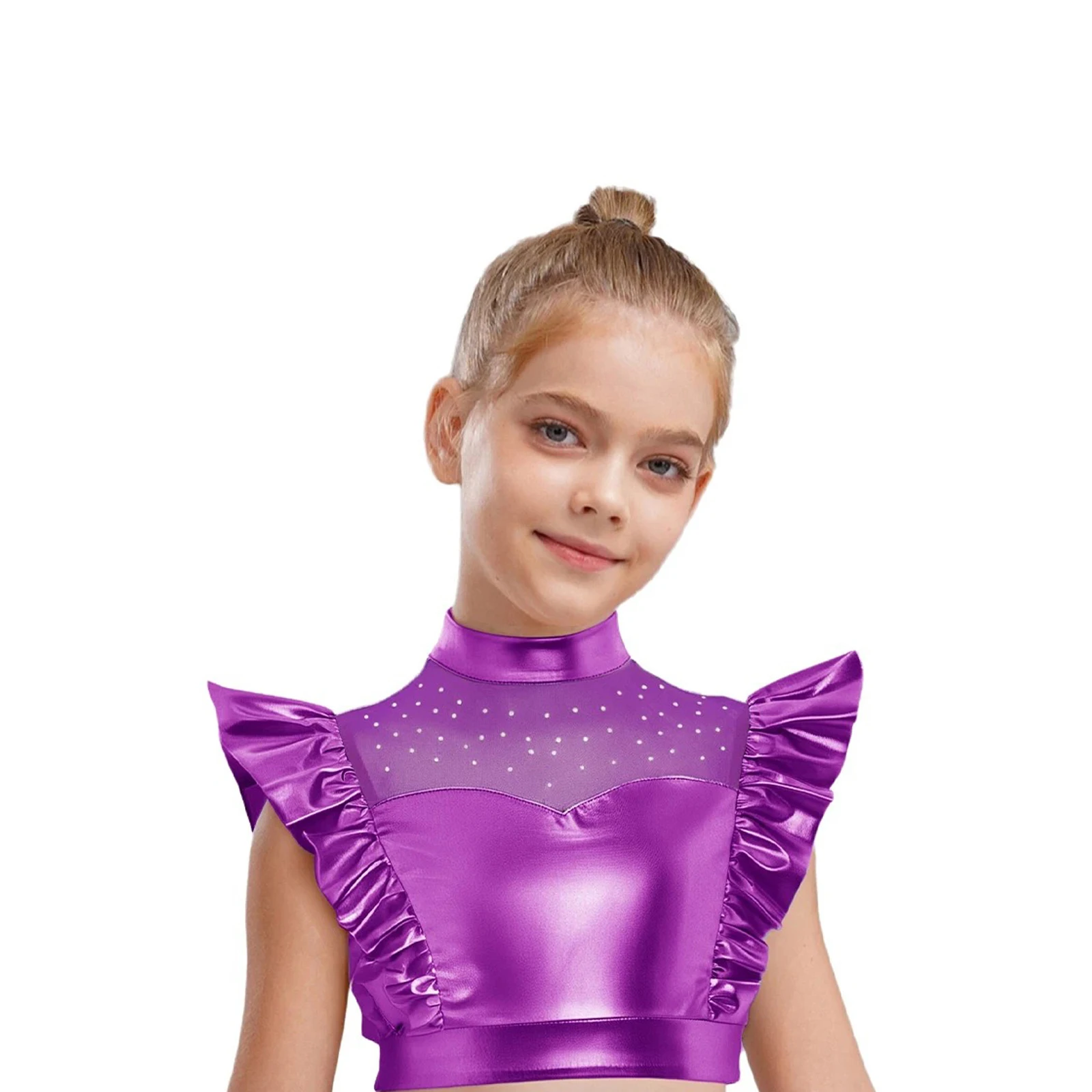 Costumi di danza jazz per ragazze per bambini Collo a lupetto con strass Maglia patchwork senza maniche Top corto metallico con pantaloncini Set Abbigliamento da ballo di strada