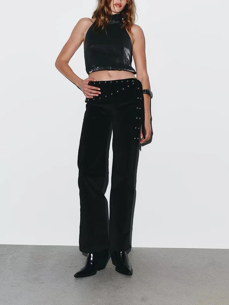 European style new women's fashion versatile and elegant high-waisted wrap skirt-style flared trousers with rivets