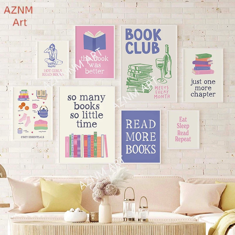 Book Lover Gallery Poster Book Club Decor Canvas Painting Eat Sleep Read Repeat Print Wall Art Picture for Room Home Decoration