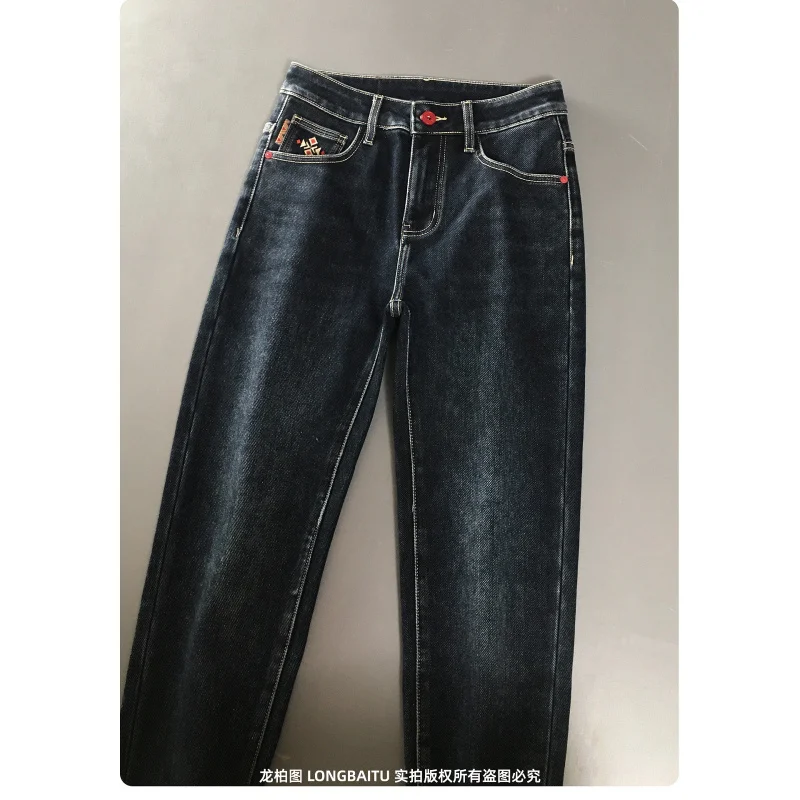 High end printed design jeans for men, winter brushed fleece warm men's clothing trendy and fashionable slim fit small leg pants