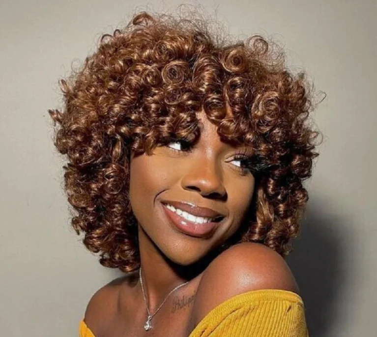 Women Short Brown Red Black Loose Wave Curly Wigs 100% Human Hair Wigs None Lace