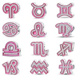 Hot Sale 100% 925 Sterling Silver 12 Pink Constellation Charms Beads Fit Pandach 925 Original Bracelet Fine DIY Birthday Jewelry