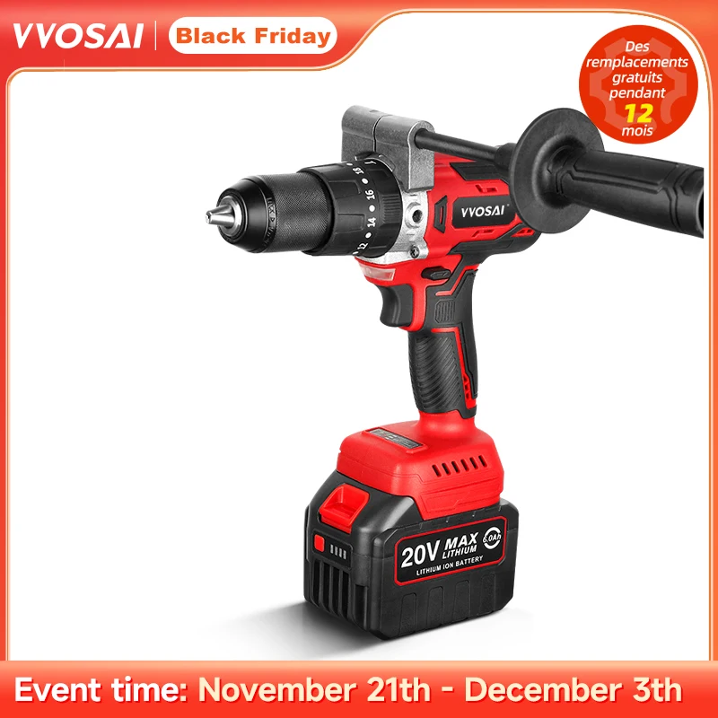 VVOSAI MT-Series 125N.m 20V Brushless Electric Drill 13mm Cordless Drill Hammer Li-ion Battery Electric Power Screwdriver