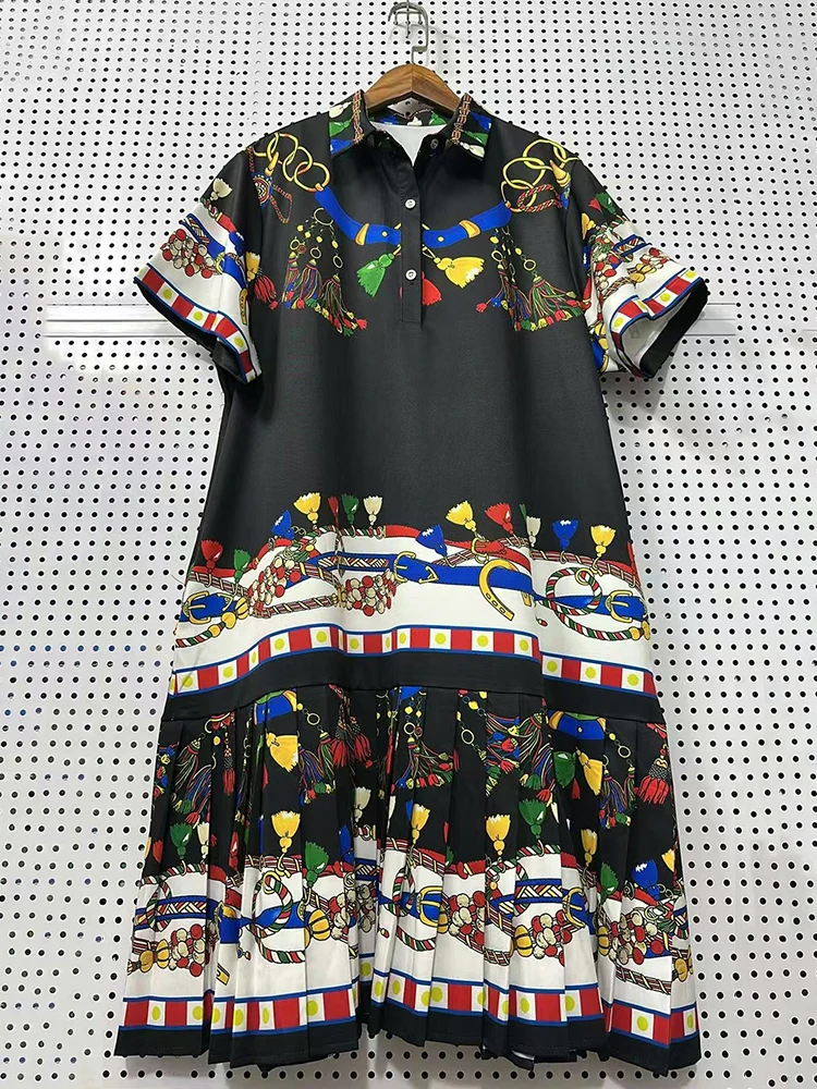 2026 Sommer Damenbekleidung Hemdkleid Retro Geometrischer Druck Revers Pullover Kurzarmkleid Locker Gesmoktes Puffärmelkleid