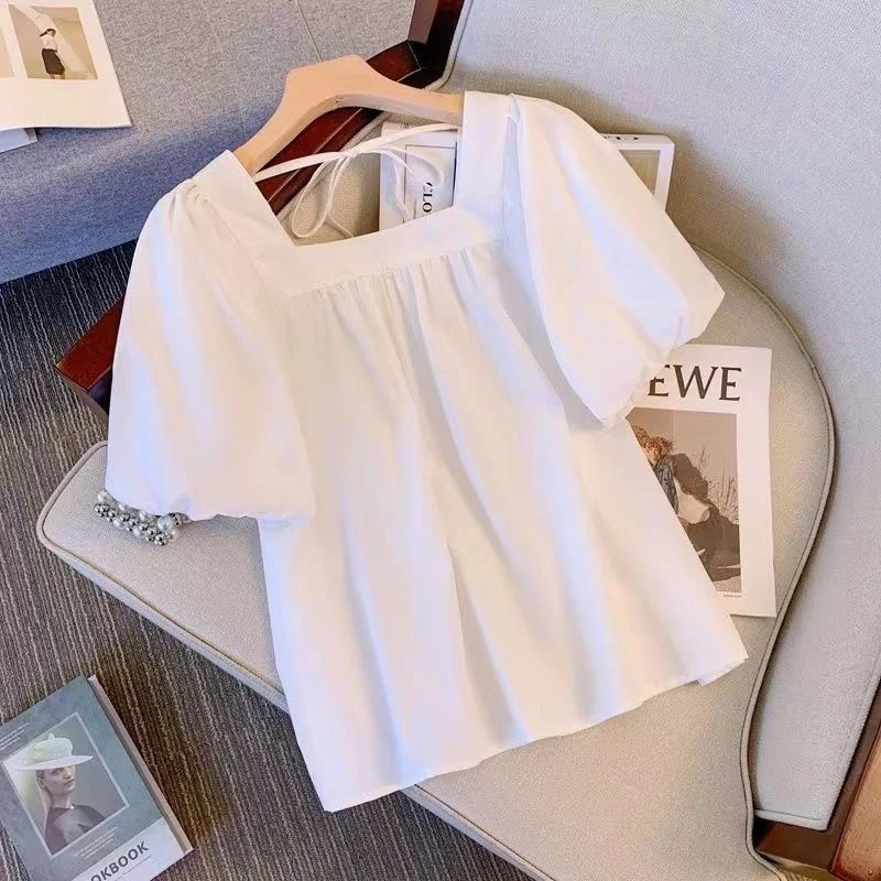 Retro Vierkante Kraag T-shirt Dames Zomer Nieuwe Grote Maat Losse Top Design Bubble Sve Eenvoudige Basis irt Casual Sle ort...