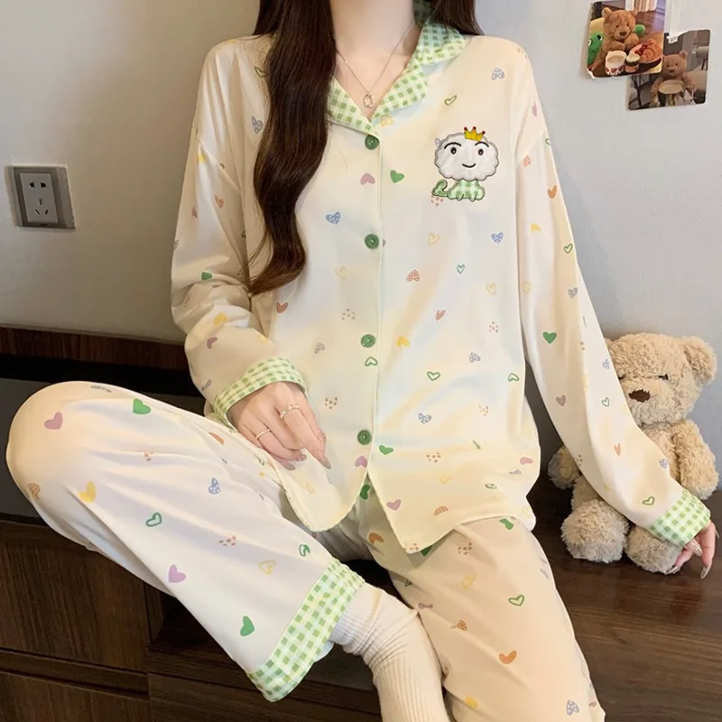 

2 шт./компл., милые милые женские пижамы с длинными рукавами и принтом, одежда для сна с круглым вырезом, домашняя одежда, осенне-зимняя новая простая пижама, домашняя одежда