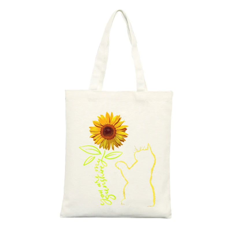 Canvas Tote Bag with Sunflower and Cat Graphic, Ideal for Casual Shopping and Daily Use