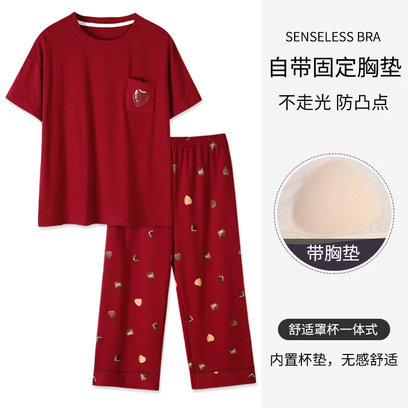 High Quality Summer Women100% Cotton Sleepwear With Chest Pad Female Short Top+Calf-Length Pant Pyjamas