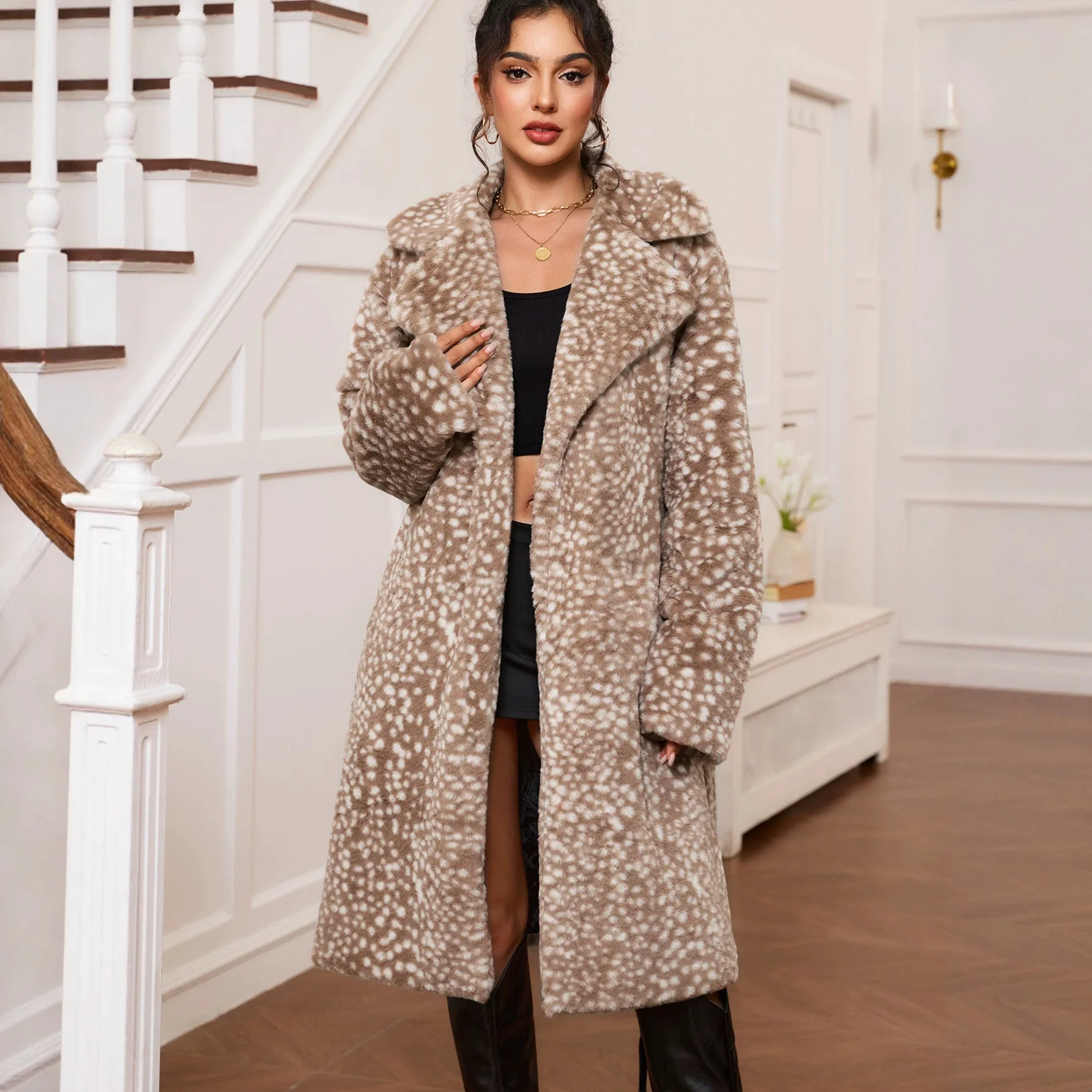 Women Trench Coat Faux Fur Long Coat Deer Spotted Turn Down Collar Loose Work Fluffy Autumn Winter Thick Warm Open Front 2026