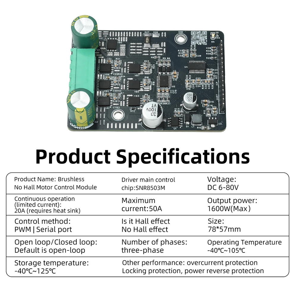 DC 6-80V 1600W BLDC Dreiphasiger DC Bürstenloser Motorcontroller PWM Motortreiberplatine Motorregler Ohne Hall – Detail 7