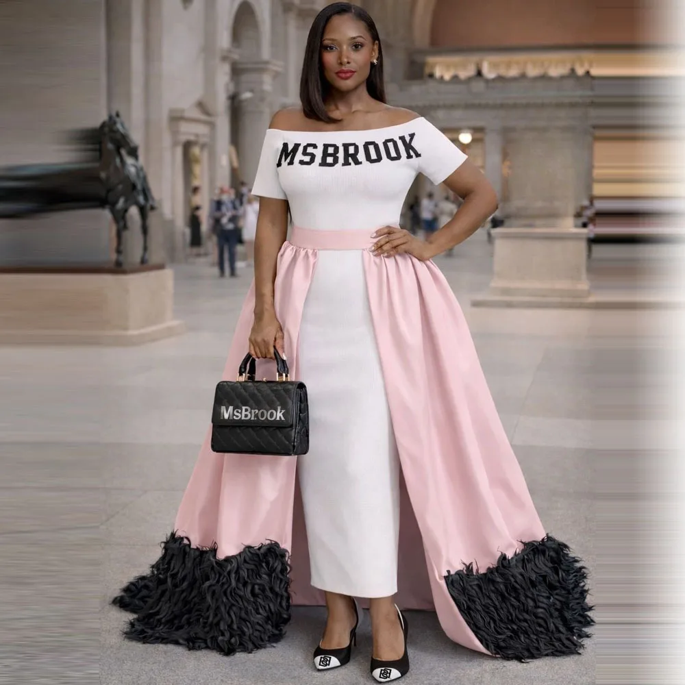 

Pink Gorgeous Feathers Overskirts Satin High Waist Detachable Evening Party Skirt