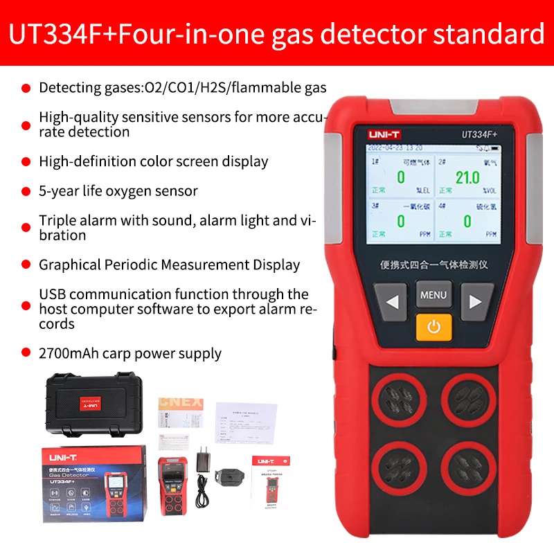 UNI-T UT334F Multi Gas Detector Gas Meter O2 H2S CO LEL Oxygen Hydrogen Sulfide Carbon Monoxide Combustible Gas Leak Detector